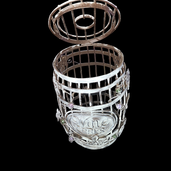 Vintage Wine Cork White Metal barrel  Cage with leaf Accents holder White Washed - Picture 5 of 6